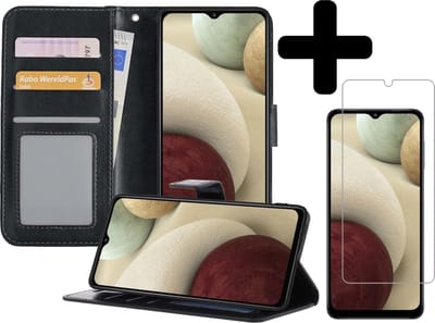 Hoesje - Met Screenprotector - Geschikt voor Samsung Galaxy A12 - Luxe Pasjeshouder - Bookcase Portemonee - Flip Case - Kunstleer Book Case - Flipcase - Book Cover - Walletcase - Portemonneehoes - Telefoonhoesjes - Zwart