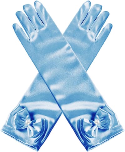 Handschoenen voor dames, Assepoester-prinsessenhandschoenen met strikversiering, satijnen handschoenen, kledinghandschoenen., blauw, 29 cm
