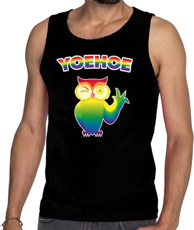 Gaypride Yoehoe knipogende uil tanktop/mouwloos shirt zwart - regenboog homo shirt voor heren - LHBT S