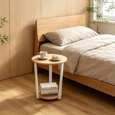 Bijzettafel - Rond Met 2 Open Planken En Opbergruimte - Voor Woonkamer Slaapkamer Of Balkon - Hout En Metaal - 50 x 53 Cm - Wit Licht Eiken