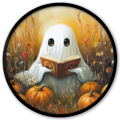 Poster in lijst Rond - Fotolijst 40x40 cm - Posters - Halloween - Spook - Herfst - Pompoen - Bloemen - Natuur - Ronde posterlijst zwart - Decoratie - Wanddecoratie woonkamer - Muurdecoratie slaapkamer
