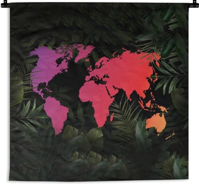 Wandkleed - Wereldkaart - Kleuren - Bladeren - 120x120 cm - Wandtapijt