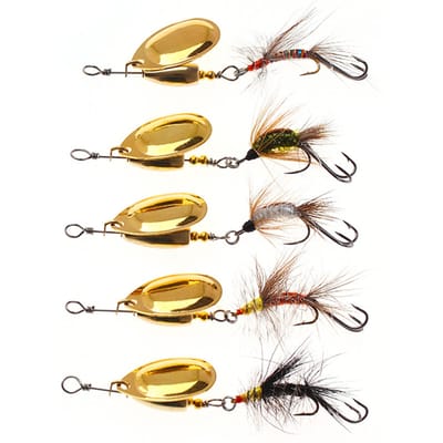 Lot de 5 leurres de pêche Spinnerbait avec hameçon pour bar, truite or