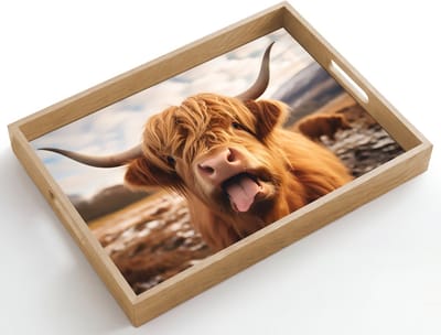 Dienblad hout 50x35 cm - Schootdienblad - Schotse hooglander - Tong - Hoorns - Borrelplank rechthoek - Plateau dienbladen