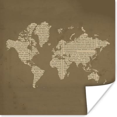 Poster 30x30 cm - Wereldkaart - Oud - Krant - Posters - Kamer decoratie - Wanddecoratie woonkamer - Muurdecoratie slaapkamer