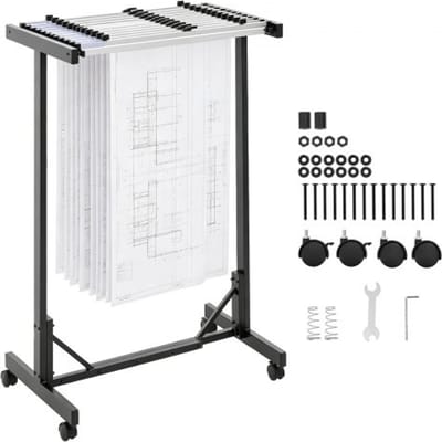 VEVOR Mobiel Opbergrek voor Blauwdrukken, Verstelbare Blauwdrukhouder, Incl. 12 Aluminium Klemmen (762 mm), Zwenkwielen, Presentatiestandaard voor Dossiers, Tekeningen, Posters, Kantoor & Thuis