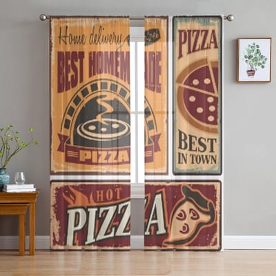 Retro Metalen Borden Set Voor Pizzeria Of Italiaans Restaurant Transparante Gordijnen voor Woonkamer Slaapkamer Raam Voiles Tule Gordijn 135W x 160H(cm)