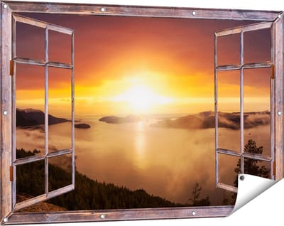 Gards Tuinposter Doorkijk Zonsondergang in de Bergen met Wolken - 120x80 cm - Tuindoek - Tuindecoratie - Wanddecoratie buiten - Tuinschilderij