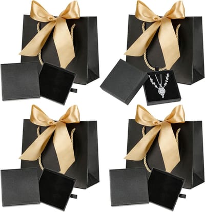 Sieraden opbergdozen set van 4, cadeauverpakking voor ringen, kettingen en oorbellen, zwarte sieradenboxen met deksel en geschenkzakjes