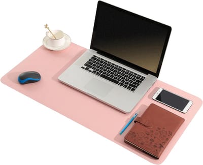 Dubbelzijdige leren laptop pad, grote waterdichte bureau mat voor computer en muis, ultra dun en stijlvol voor thuis en op kantoor (60 x 35 cm, roze/grijs)