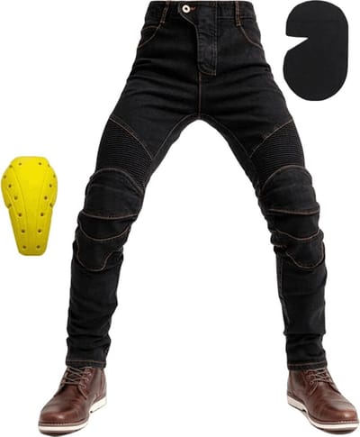 RAMBUX® Biker-Style Jeans Heren – Spijkerbroek Stretch - Zwart Denim - Uitneembare Heup & Knie Pads – Maat 34 (XL)