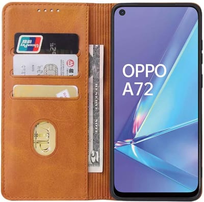 Smartphonica Oppo A72 leren hoesje met magnetische sluiting en pashouders book case – Bruin geschikt voor Oppo A72