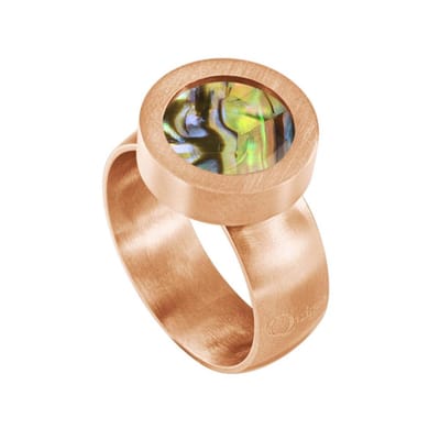 Quiges RVS Schroefsysteem Ring Rosékleurig Mat 16mm met Verwisselbare Multi Groen Schelp 12mm Mini Munt