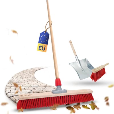 Straatbezem houten steel 60 cm set I bezem en blik handborstel I Elaston rood I met draad I tuinbezem tuinbezem bezem met steel buitenbezem terras buitenbezem