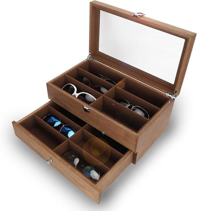 Brillen Opbergdoos - Kastje Glazen - Veilige Opslag - Twaalf Vakken - 34.5 cm Lengte - Houtkleur