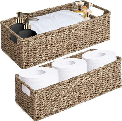 Geweven Opbergmand Opslag Organizer Mand - Toiletpapier Mand - Vintage Mand Bin - Badkamer Keuken Toilet Tank Vanity - Aanrecht Tafel Plank - Zeegras