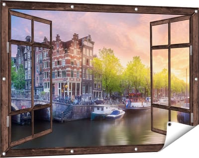 Gards Tuinposter Doorkijk Amsterdamse Grachten - 120x80 cm - Tuindoek - Tuindecoratie - Wanddecoratie buiten - Tuinschilderij