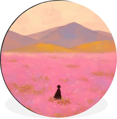 WallCircle - Wandcirkel - Muurcirkel - Bloemenweide - Heuvels - Silhouet - Roze - Aluminium - Dibond - 30x30 cm - Binnen en Buiten