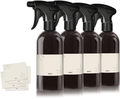 Oputec 4 x 500 ml sprayflessen – zwarte kunststof flessen met verstelbare sproeikop & etiketten – hervulbaar & lekvrij