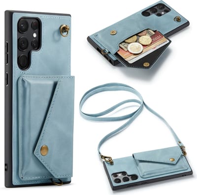 Casemania Hoesje Geschikt voor Samsung Galaxy S22 Ultra - Aqua Blue - Luxe Backcover met Koord en Magnetische Sluiting - Portemonnee Wallet Case met Pasjeshouder en Opbergvak - Lanyard Telefoonhoes - Cord Case