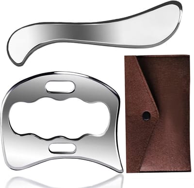 Set van 2 RVS Gua Sha Tools voor het Mobiliseren van Zachte Weefsels en Verminderen van Spierpijn met Opbergzak - Perfect voor Massage en Gezondheid
