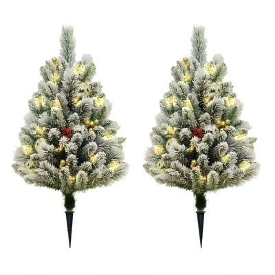 Kunstmatige Dennenboom - Voor Buiten, Pad & Veranda - Gevlokt Prelit Kerstboom met 50 LED’s - 75 cm, 2-Pack - Flocked