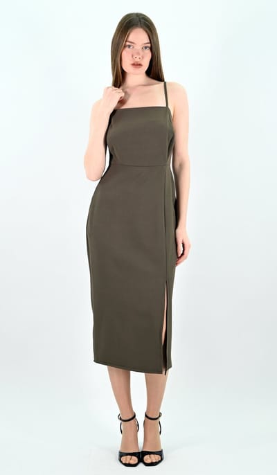 YesMooi - Elegante Midi Jurk met Spaghettibandjes - Slip Dress - Khaki - M (38)