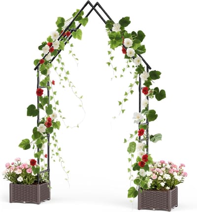 Tuinboog met 2 Plantenbakken - Rozenboog Metaal - 241 cm Hoog - Weerbestendige Klimhulp voor Klimplanten - Zwart