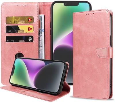 Geschikt voor iPhone 14 Telefoonhoesje Kunstleer met Magnetisch lipje en Pasjeshouder Book Case met Klepje - Roze - Smartphonica geschikt voor iPhone 14