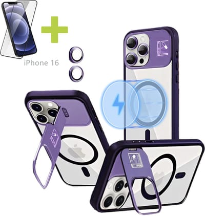Hoesje voor iPhone 16 met Standaard, Compatibel met MagSafe, Acryl + TPU Case, Hoes ingebouwde Stash Stand-telefoonhoes, Ultradun-Paars - Screenprotector