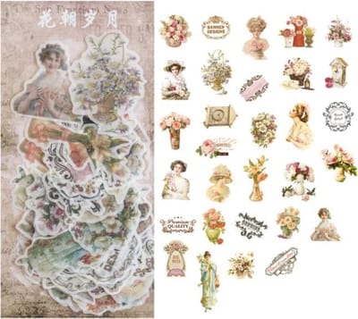 Washi Stickers Vintage Vrouwen En  Bloemstukken - 60 Stickers - Vintage Vrouwen En Bloemen En Bloemstukken Sticker - Bullet Journal - Stickers Voor Volwassenen - Scrapbooking - Agenda Stickers - Decoratie Sticker Washi Tape