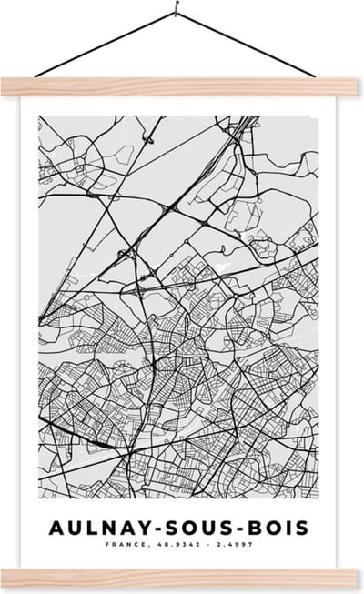 Posterhanger incl. Poster 40x60 cm - Schoolplaat - Kaart - Stadskaart - Aulnay-sous-Bois - Plattegrond - Frankrijk - Textielposter - Blanke latten - Stadskaart