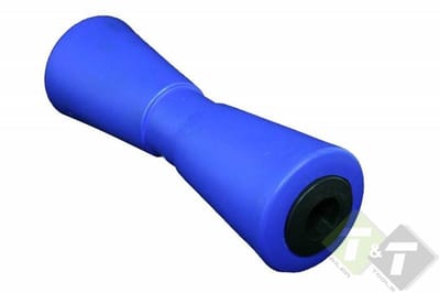 Kielrol, 286 x 94, asgat 27 mm, blauw. Steunrol, Bootrol,
