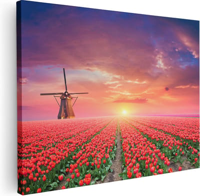 Artaza Canvas Schilderij Molen - 40x30 cm - Klein - Wanddecoratie Tulpen - Muurdecoratie Nederlands Landschap - Kamer Accessoires Zonsondergang