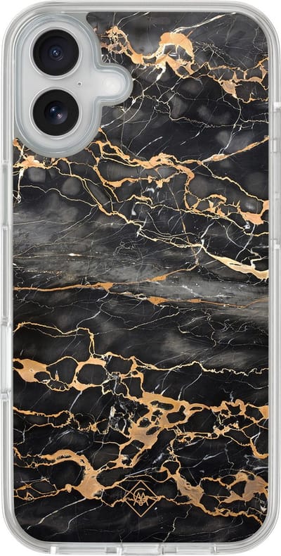 Casimoda® hoesje - Geschikt voor iPhone 16 - Marmer Grijs Brons - 2-in-1 case - Schokbestendig - Marble design - Verhoogde randen - Zwart, Transparant