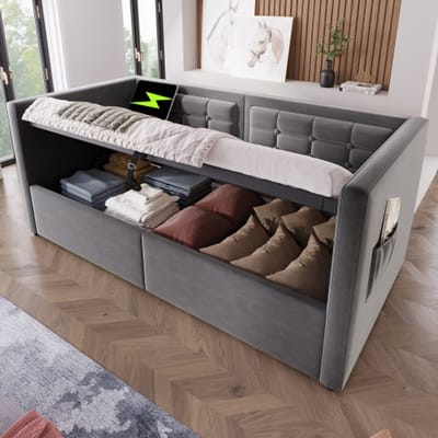 Gestoffeerde slaapbank 90x190 cm, eenpersoonsbed slaapbank met hydraulische opbergruimte en USB & Type-C oplaadstation, logeerbed met houten lattenbodem, grijs, fluweel, zonder matras.