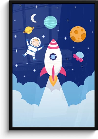 Poster in lijst - Fotolijst 60x90 cm - Posters - Raket - Ruimte - Astronaut - Blauw - Jongens - Posterlijst zwart - Kamer decoratie - Wanddecoratie kinderkamer - Muurdecoratie babykamer