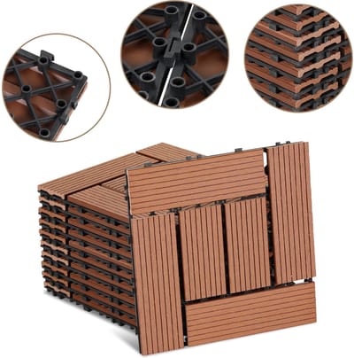 WPC-terrastegels, 30x30 cm, voordeelverpakking van 110 stuks voor 10 m², bruine houtlook, voor tuin- en balkonvloeren met drainage en kliksysteem.