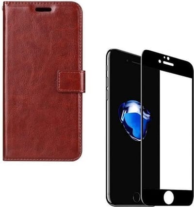 Bookcase Geschikt voor: iPhone 7 Plus / 8 Plus - Bruin - portemonee hoesje + 2X Full cover Tempered Glass Screenprotector
