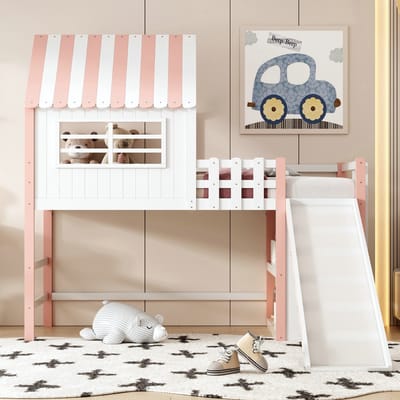 VVBV Hoogslaper 90x200 cm met glijbaan, kinderbed van massief hout met trap, valbescherming met opbergvak, voor jongens en meisjes, dakvorm, roze (zonder matras)