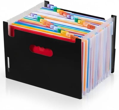 Uitbreidbare bestandsmap met 25 vakken, kleurrijke verdelers en accordeon-organizer voor documenten en papierwerk