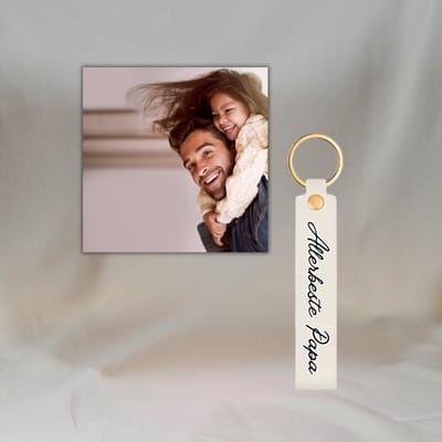 Vaderdag cadeautje voor hem – Gepersonaliseerd cadeau foto met magneet 5x5 cm en sleutelhanger – Vaderdag geschenk – Papa cadeau