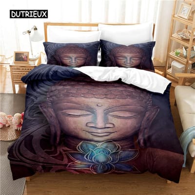 Boeddha Dekbedovertrek Set Kingsize Gouden Mandala Thema van Aziatische Cultuur Beddengoedset Microvezel Exotische Retro Stijl Dekbedovertrek 140x200cm 3pcs