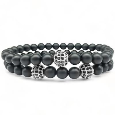 Kralen Armband Set met Steentjes - Zilver / Mat Zwart - Armbanden Heren Mannen Dames Vrouwen - Papa Cadeau Voor Mannen - Vaderdag
