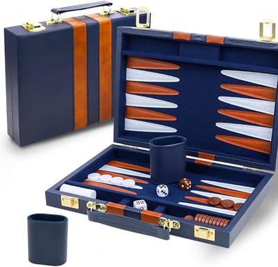 Backgammon Set - Klassiek Spel - Gezellig Spelen - Inclusief Alle Accessoires - 46 cm - Marineblauw