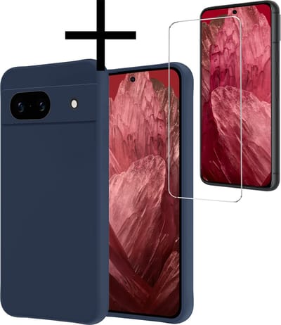 Hoesje - Met Screenprotector - Geschikt voor Google Pixel 8a - Sterk & Shockproof - Back Cover - Siliconen Case - Telefoon Hoes - Donkerblauw