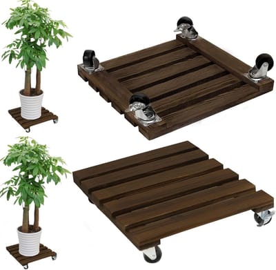 Plantroller vierkant 35 x 35 cm - set van 2 - houten plantenroller - tot 100 kg draagvermogen - ShopVlot
