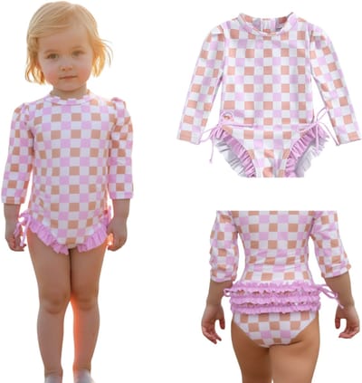 Joya Kids® Badpak Lange Mouw Lila, Roze en Wit Geblokt met Ruches en Strikjes Meisjes | Zwempak met ruches UV Badpak Lila en Roze | Zwempak Lange Mouw UV Bescherming Blokjes | Meisje Bikini Zomer | Kinderbadpak Peuter | Maat 0-3 Maanden
