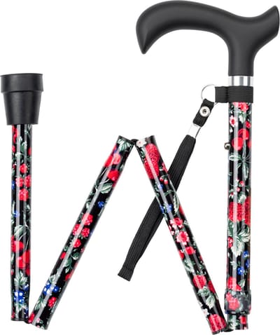 Wandelstok opvouwbaar zwart met fruit print met ergonomisch comfort handvat en polsbandje - Loopstok - Verstelbaar 82 - 94 cm - Lichtgewicht