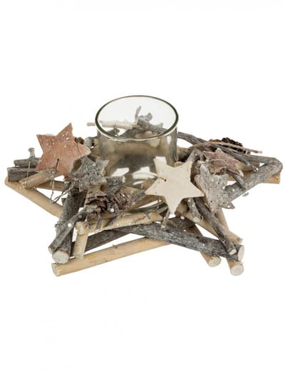 JJA - Theelichthouder met houten ster standaard 20 x 8 cm natuurlijke decoratie